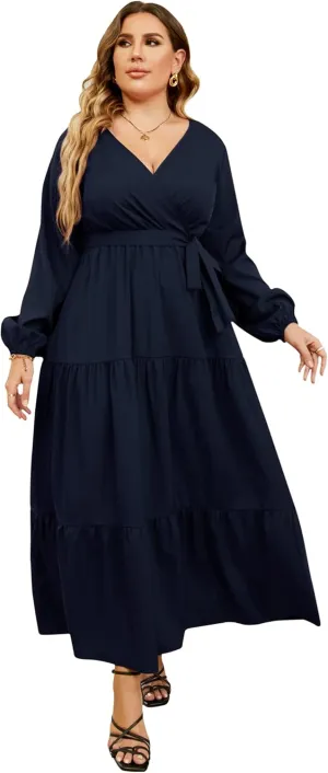 KOJOOIN Women Plus Size V Neck Maxi Dress Wrap Long Sleeves High Waist Ruffle Casual Dress with Belt