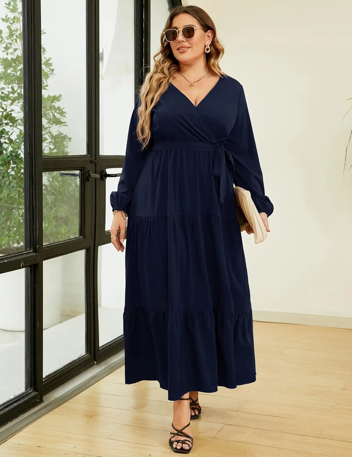 KOJOOIN Women Plus Size V Neck Maxi Dress Wrap Long Sleeves High Waist Ruffle Casual Dress with Belt