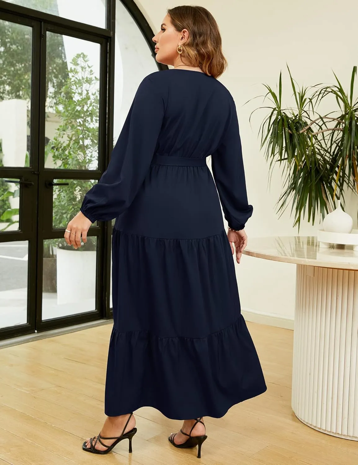 KOJOOIN Women Plus Size V Neck Maxi Dress Wrap Long Sleeves High Waist Ruffle Casual Dress with Belt