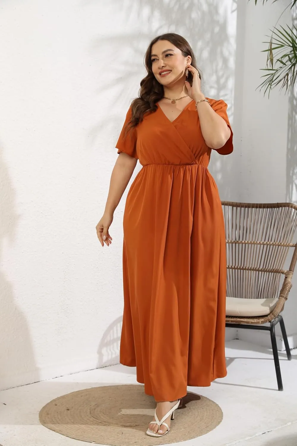 KOJOOIN Women's Wrap Maxi Short Flutter Sleeves Empire Waist Split a Line Boho Casual Dress