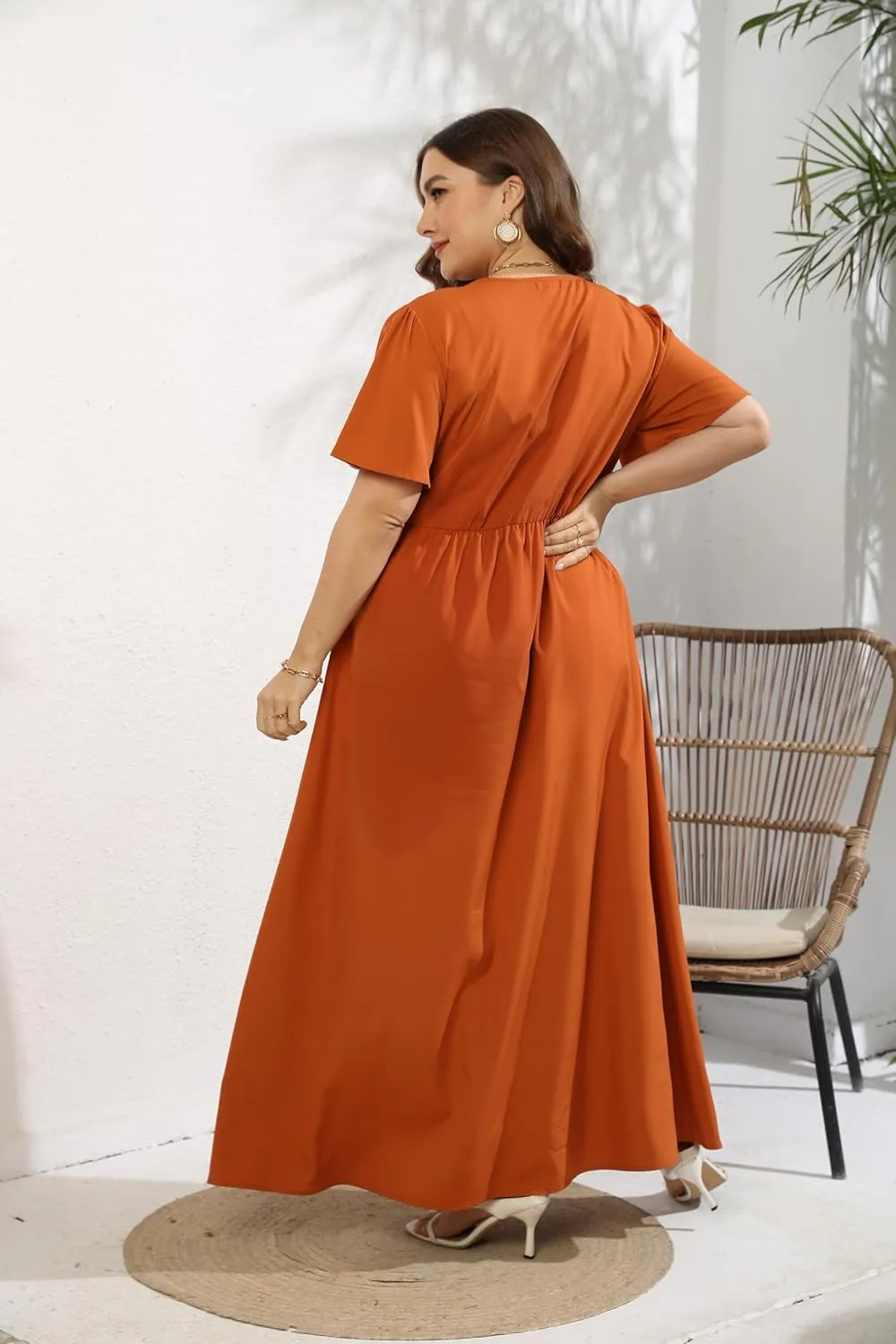 KOJOOIN Women's Wrap Maxi Short Flutter Sleeves Empire Waist Split a Line Boho Casual Dress