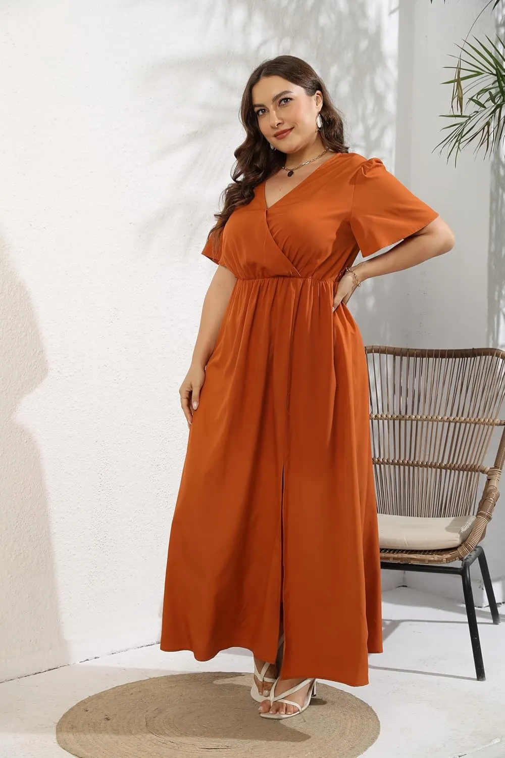 KOJOOIN Women's Wrap Maxi Short Flutter Sleeves Empire Waist Split a Line Boho Casual Dress