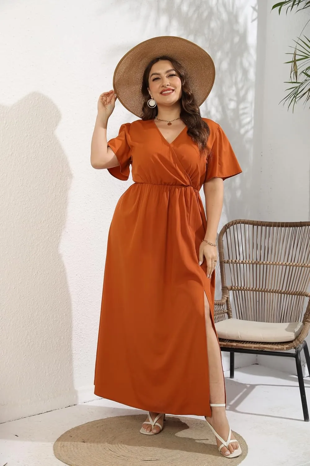 KOJOOIN Women's Wrap Maxi Short Flutter Sleeves Empire Waist Split a Line Boho Casual Dress