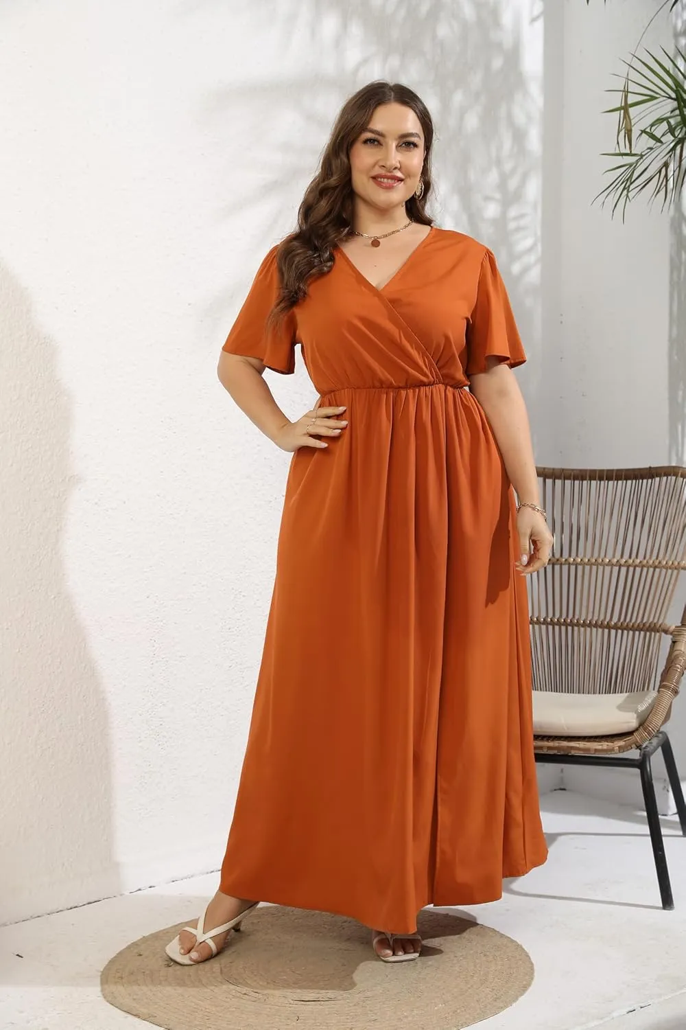 KOJOOIN Women's Wrap Maxi Short Flutter Sleeves Empire Waist Split a Line Boho Casual Dress