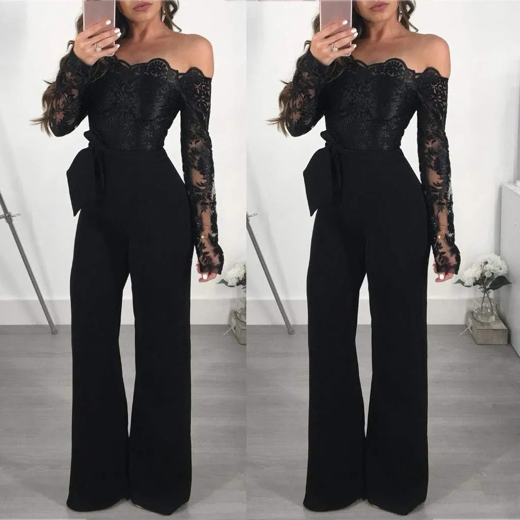 Lace Off Shoulder Jumpsuit for Women Dressy Long Sleeve Belt Rompers Elegant Weeding Evening Party Holiday Clubwear