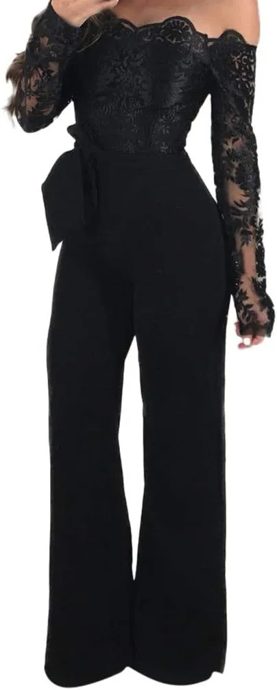 Lace Off Shoulder Jumpsuit for Women Dressy Long Sleeve Belt Rompers Elegant Weeding Evening Party Holiday Clubwear