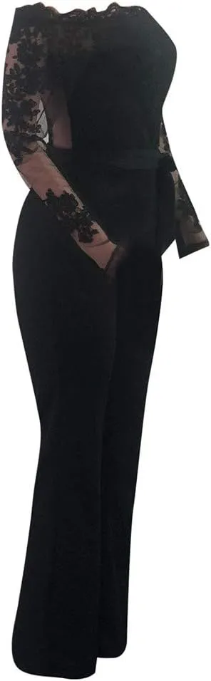 Lace Off Shoulder Jumpsuit for Women Dressy Long Sleeve Belt Rompers Elegant Weeding Evening Party Holiday Clubwear