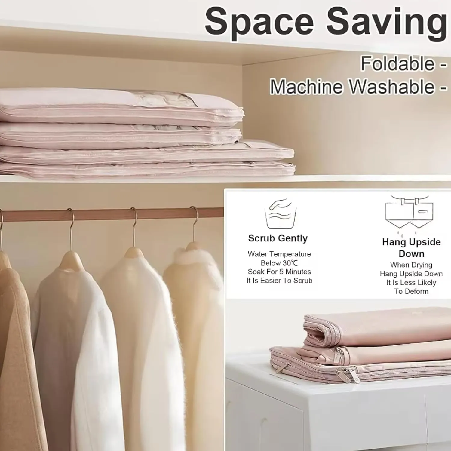 Large Space Saving Hanging Garment Bag with Self Compression Zipper, 2025 Closet Organizers Heavy Duty Garment Bag Winter Coat Storage, Dust Cover Clothes Bags for Down Coat (Pink, XL)