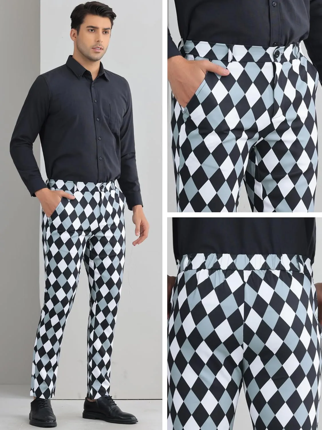 Lars Amadeus Argyle Dress Pants for Men's Geometric Printed Straight Leg Checked Plaid Pants