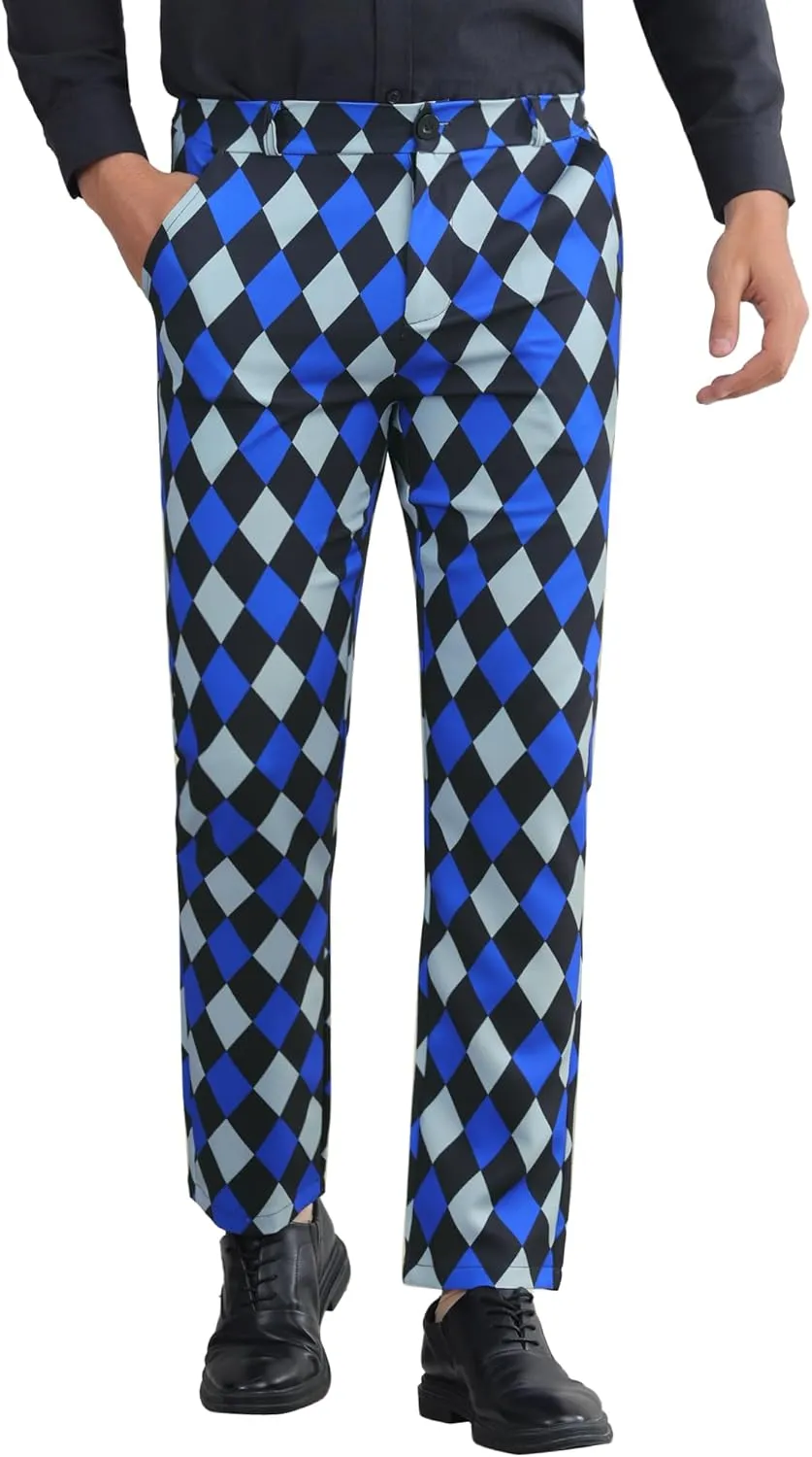 Lars Amadeus Argyle Dress Pants for Men's Geometric Printed Straight Leg Checked Plaid Pants