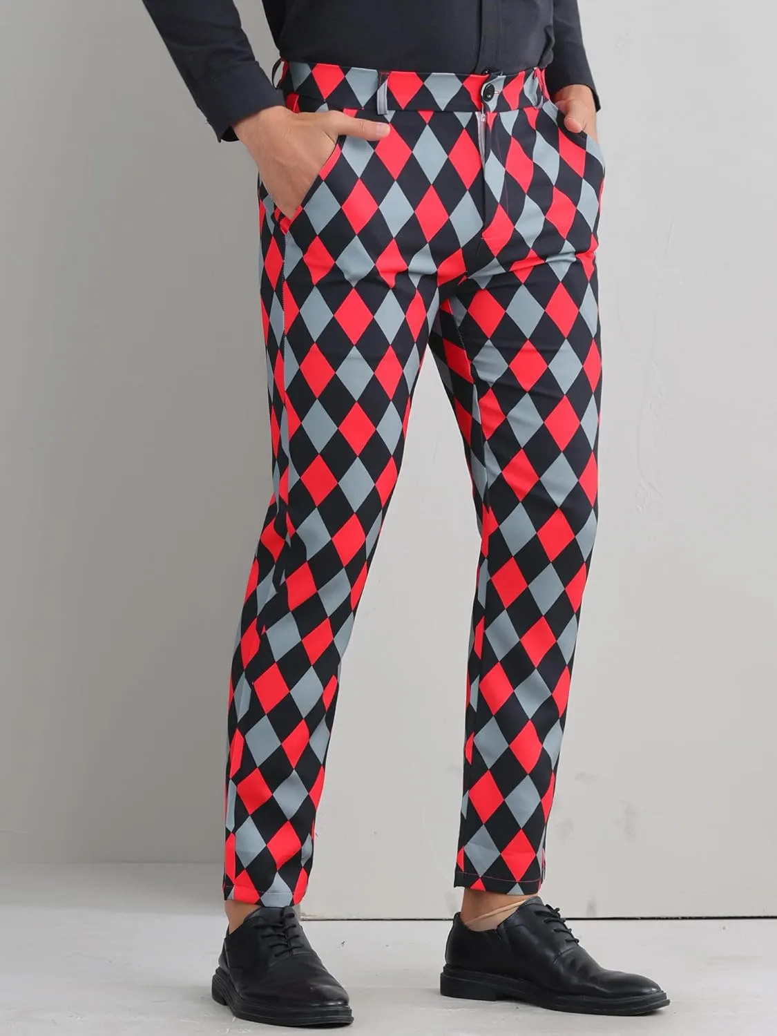 Lars Amadeus Argyle Dress Pants for Men's Geometric Printed Straight Leg Checked Plaid Pants