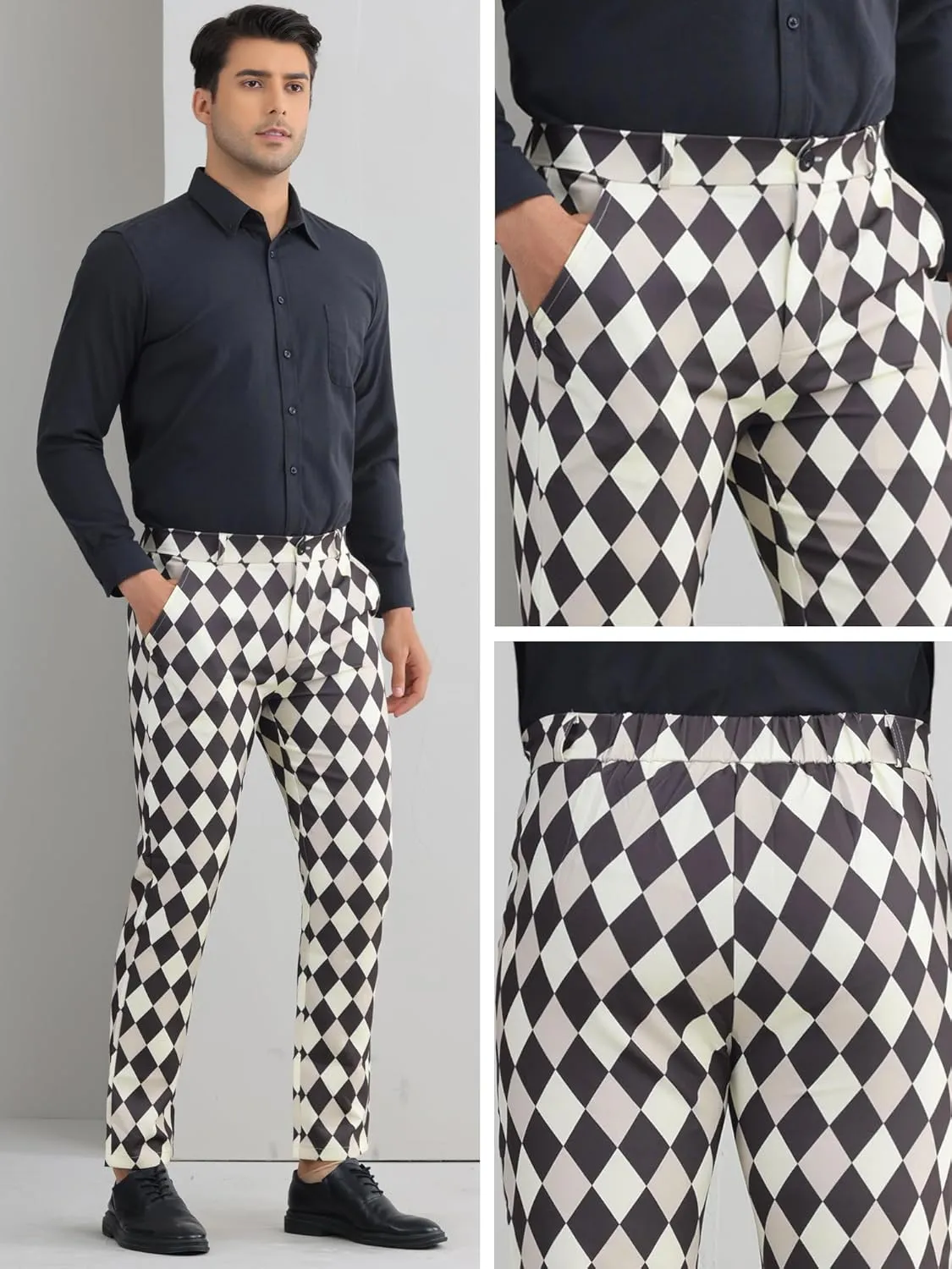 Lars Amadeus Argyle Dress Pants for Men's Geometric Printed Straight Leg Checked Plaid Pants