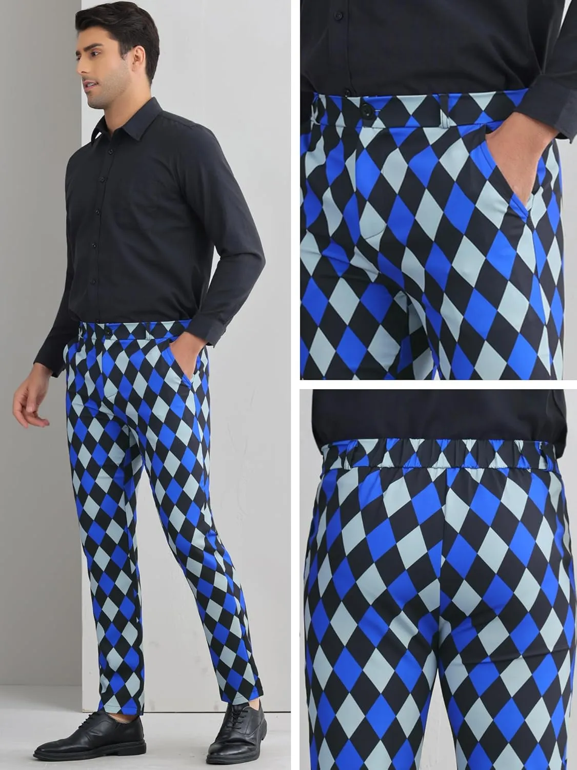 Lars Amadeus Argyle Dress Pants for Men's Geometric Printed Straight Leg Checked Plaid Pants