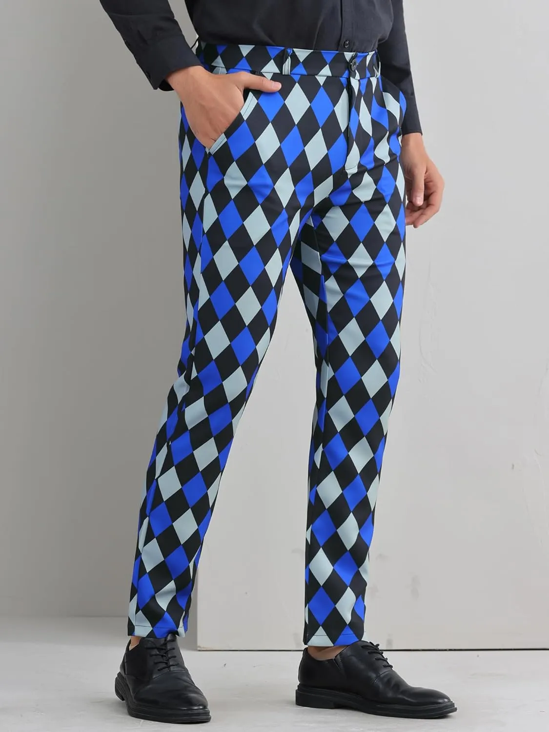 Lars Amadeus Argyle Dress Pants for Men's Geometric Printed Straight Leg Checked Plaid Pants