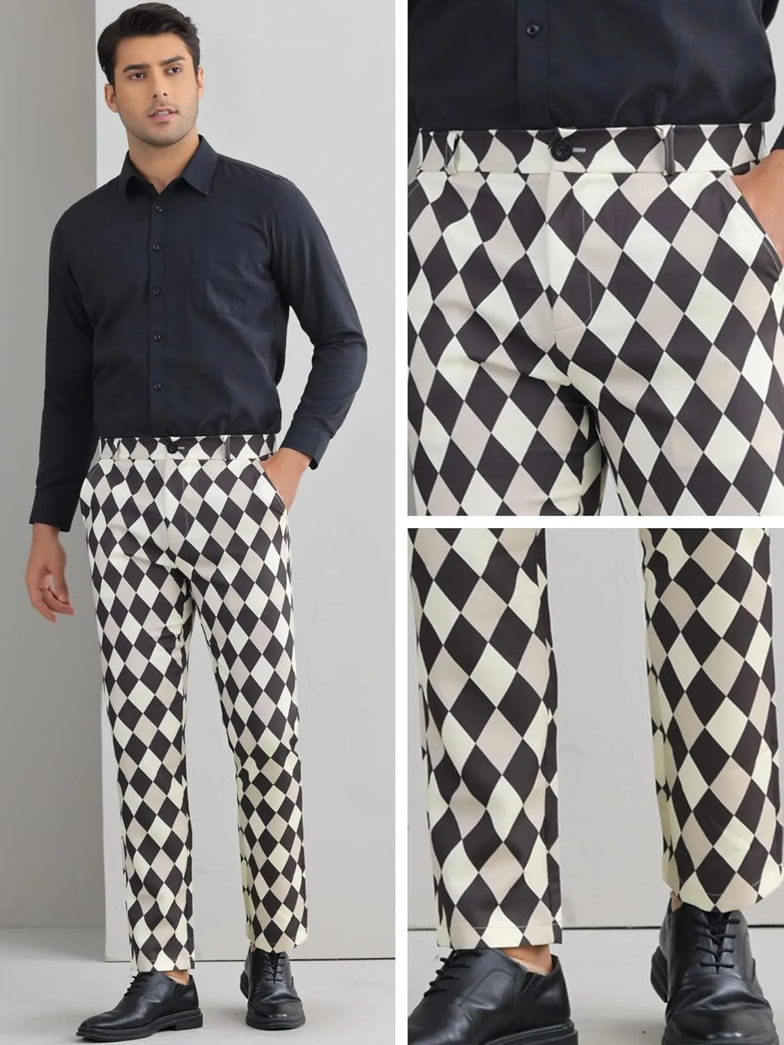 Lars Amadeus Argyle Dress Pants for Men's Geometric Printed Straight Leg Checked Plaid Pants