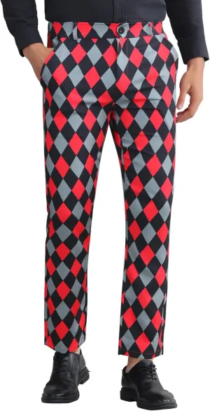 Lars Amadeus Argyle Dress Pants for Men's Geometric Printed Straight Leg Checked Plaid Pants
