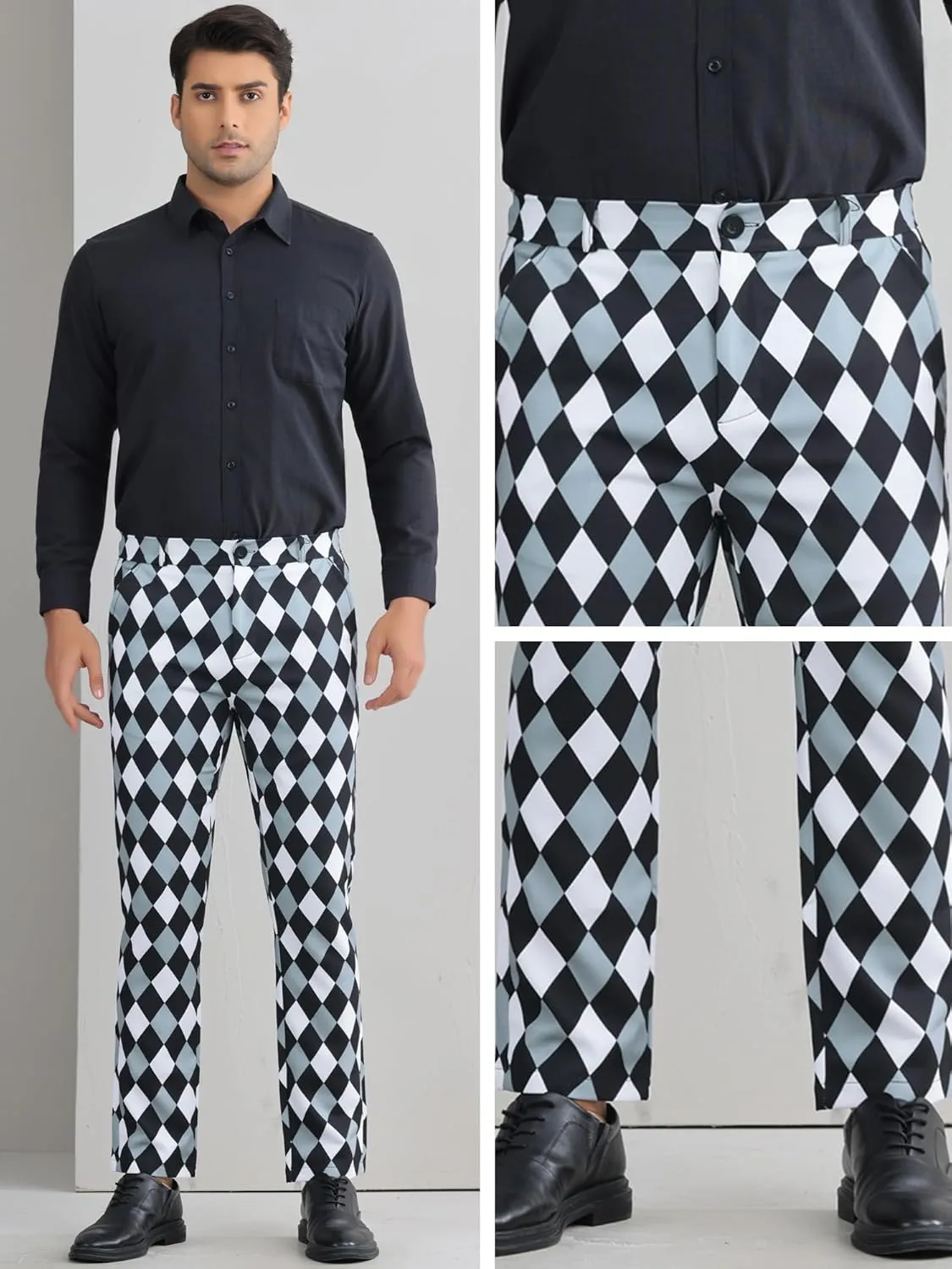 Lars Amadeus Argyle Dress Pants for Men's Geometric Printed Straight Leg Checked Plaid Pants