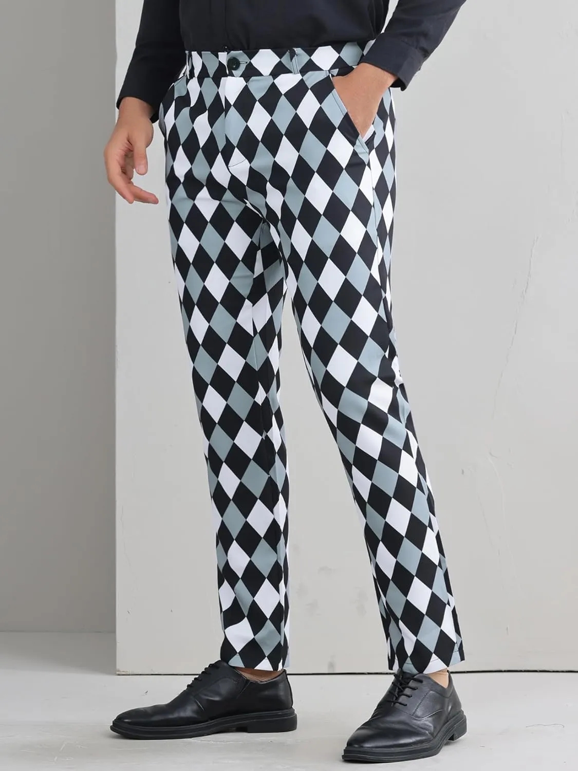 Lars Amadeus Argyle Dress Pants for Men's Geometric Printed Straight Leg Checked Plaid Pants