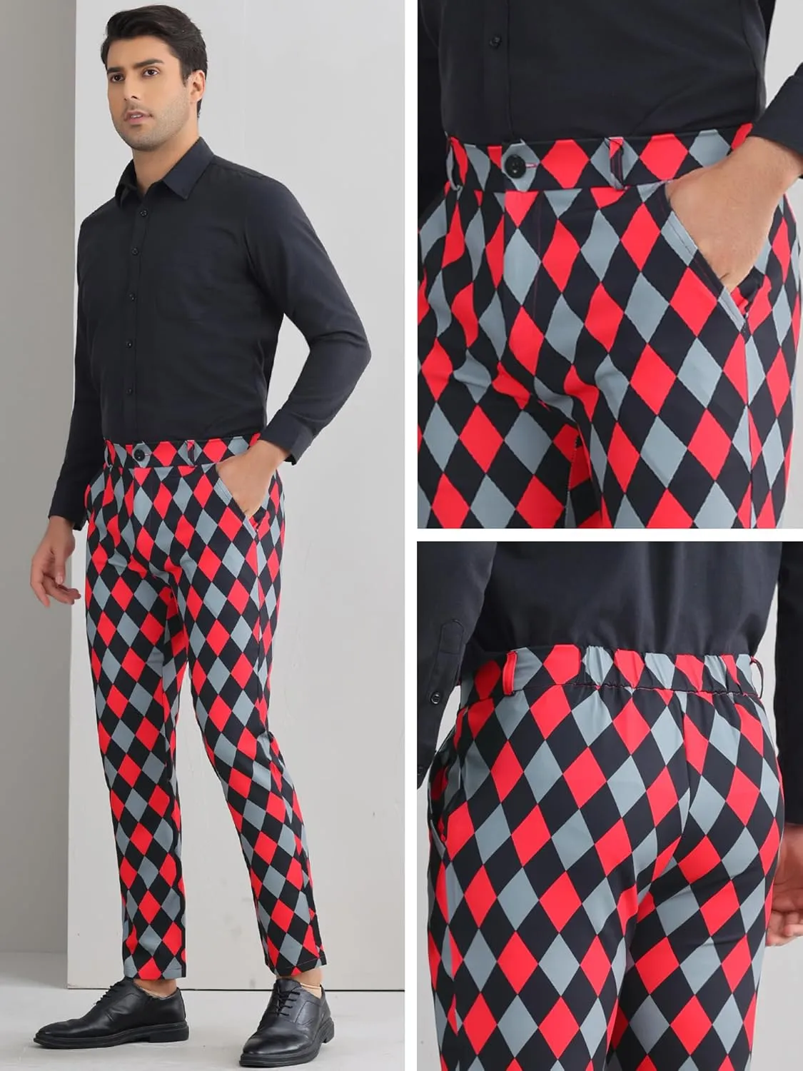 Lars Amadeus Argyle Dress Pants for Men's Geometric Printed Straight Leg Checked Plaid Pants