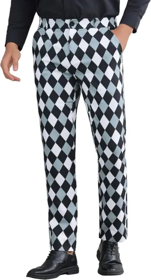 Lars Amadeus Argyle Dress Pants for Men's Geometric Printed Straight Leg Checked Plaid Pants