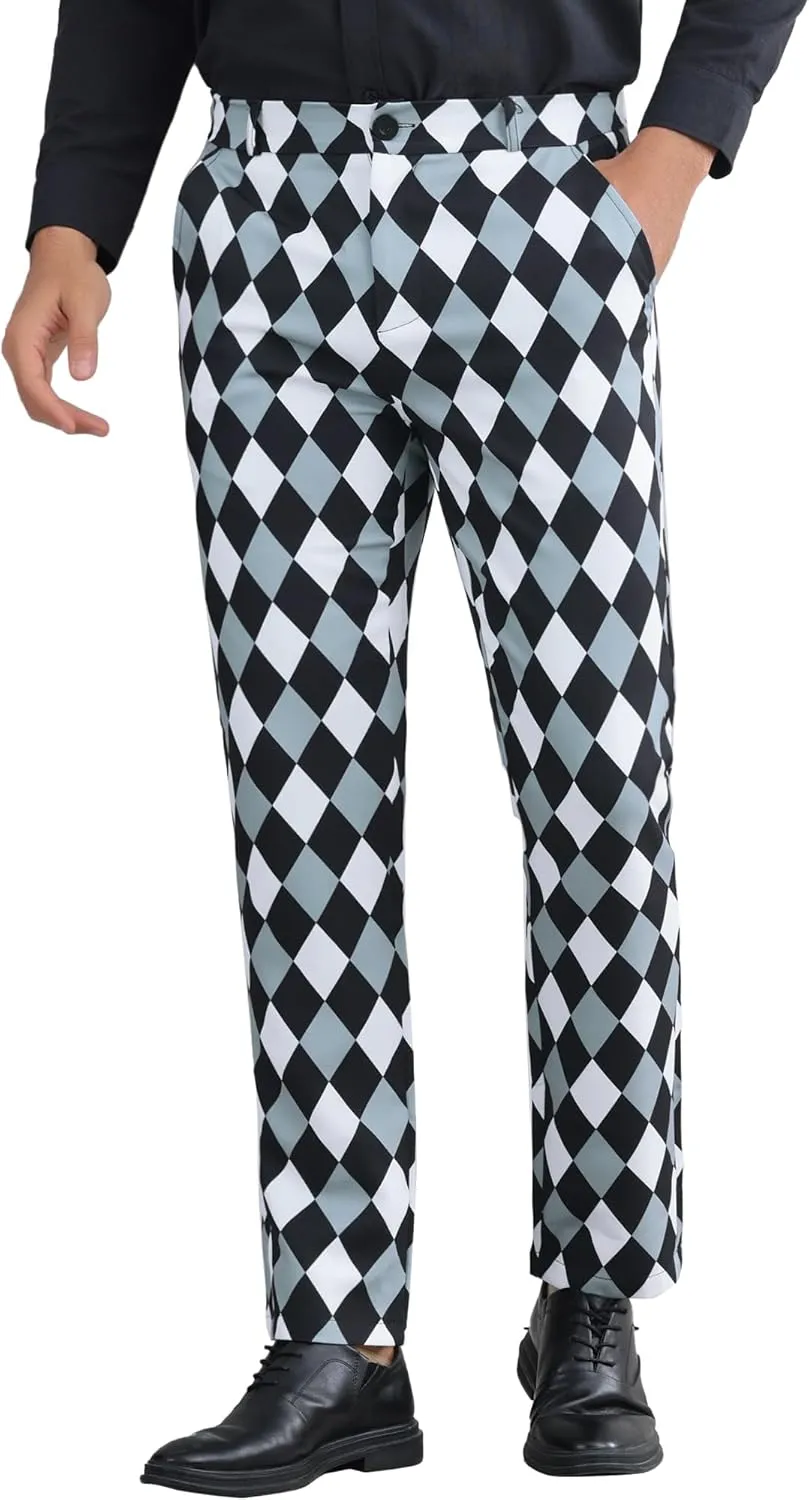 Lars Amadeus Argyle Dress Pants for Men's Geometric Printed Straight Leg Checked Plaid Pants