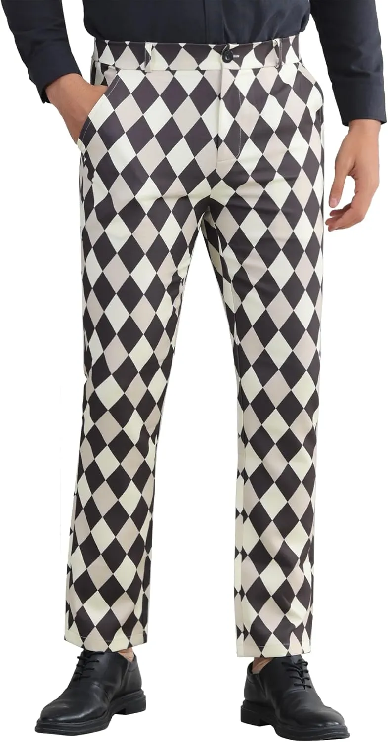 Lars Amadeus Argyle Dress Pants for Men's Geometric Printed Straight Leg Checked Plaid Pants