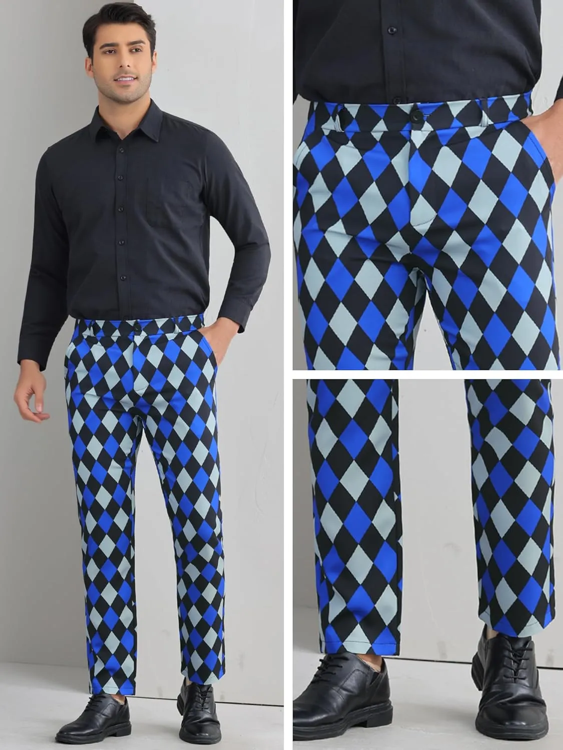 Lars Amadeus Argyle Dress Pants for Men's Geometric Printed Straight Leg Checked Plaid Pants