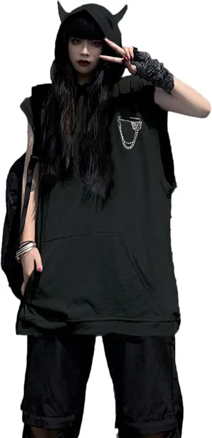LAVASEON Women Oversized Devil Horns Butterfly Brooch Chain Hoodies Harajuku Goth Zip Sweatshirt Pullover Tops
