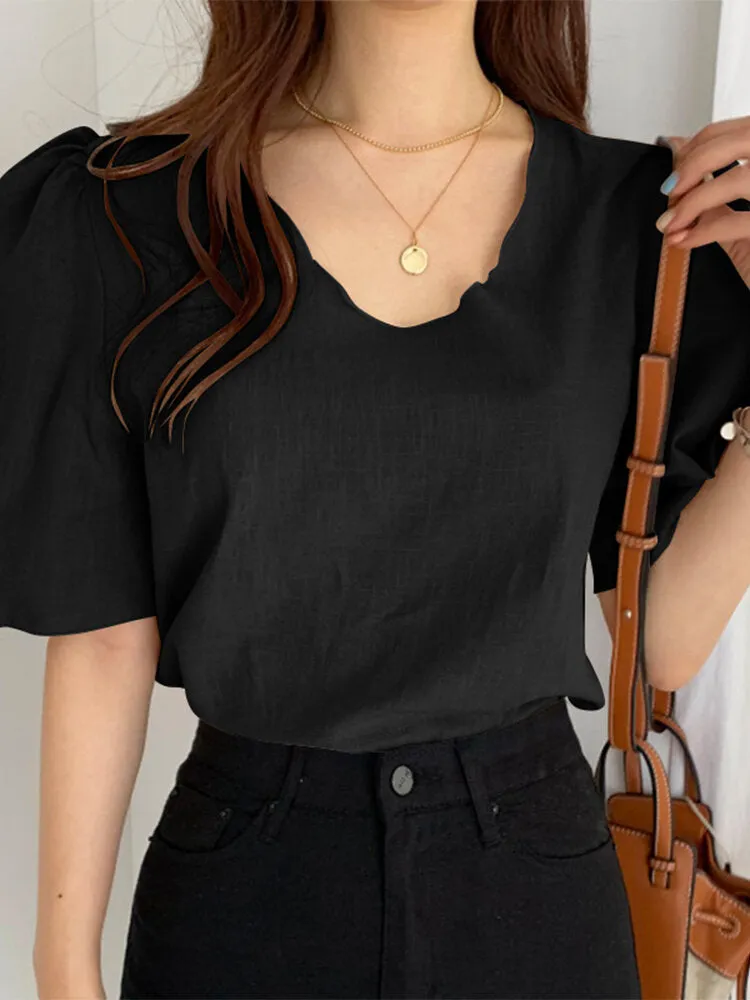 Leisure Solid V Neck Casual Cotton Blouse