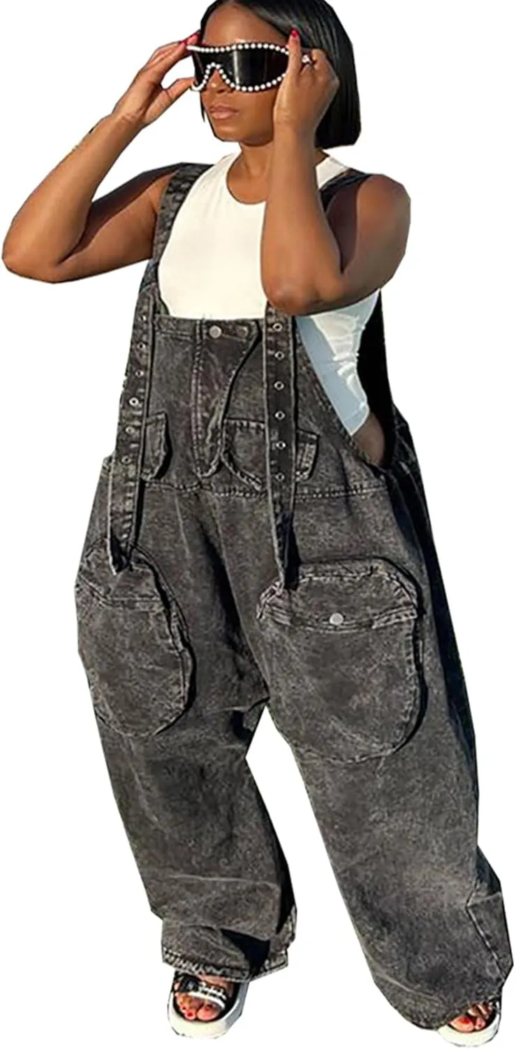 LETSVDO Womens Casual Demin Harem Jumpsuit Plus Size Camo Spaghetti Strap Sleeveless Wide Leg Baggy Overalls Romper Pants