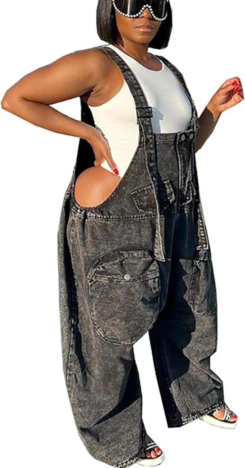 LETSVDO Womens Casual Demin Harem Jumpsuit Plus Size Camo Spaghetti Strap Sleeveless Wide Leg Baggy Overalls Romper Pants