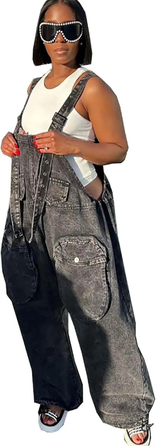 LETSVDO Womens Casual Demin Harem Jumpsuit Plus Size Camo Spaghetti Strap Sleeveless Wide Leg Baggy Overalls Romper Pants