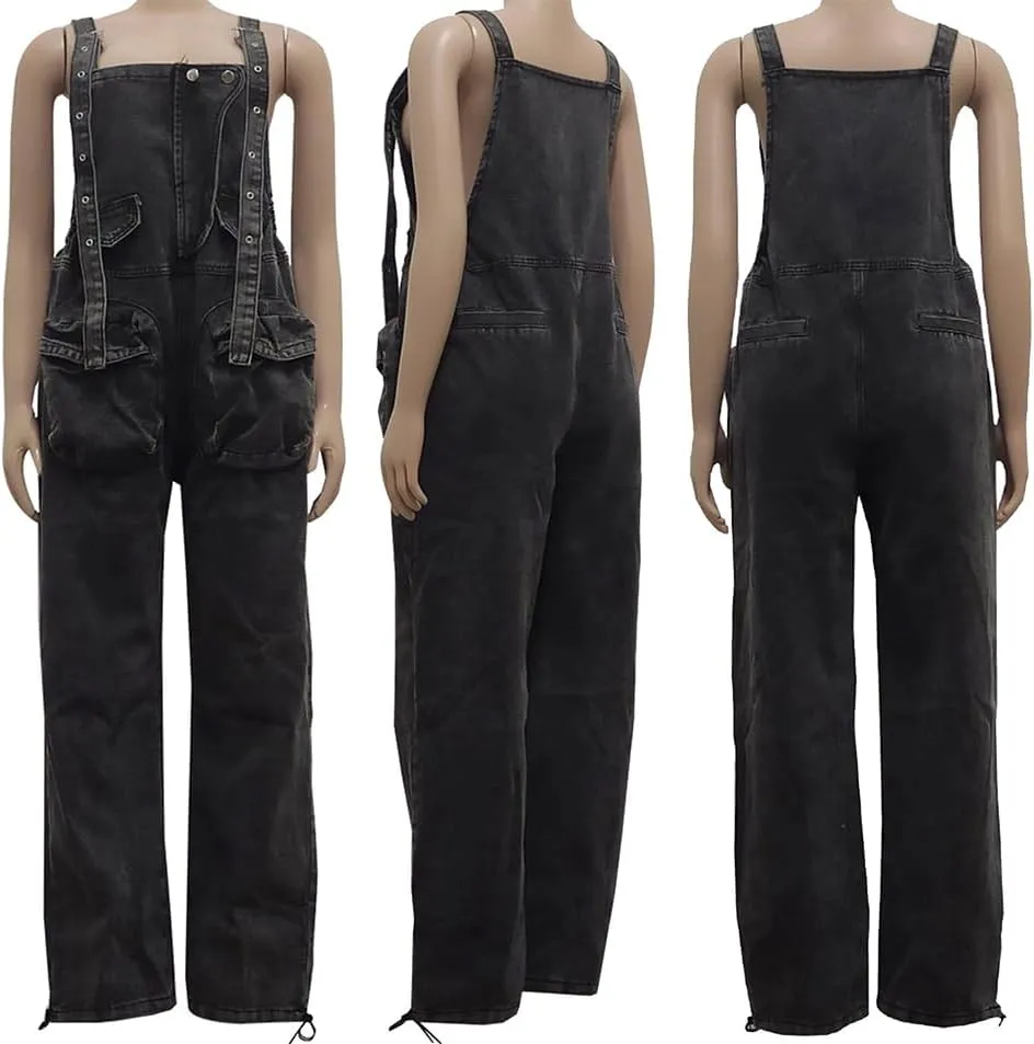 LETSVDO Womens Casual Demin Harem Jumpsuit Plus Size Camo Spaghetti Strap Sleeveless Wide Leg Baggy Overalls Romper Pants