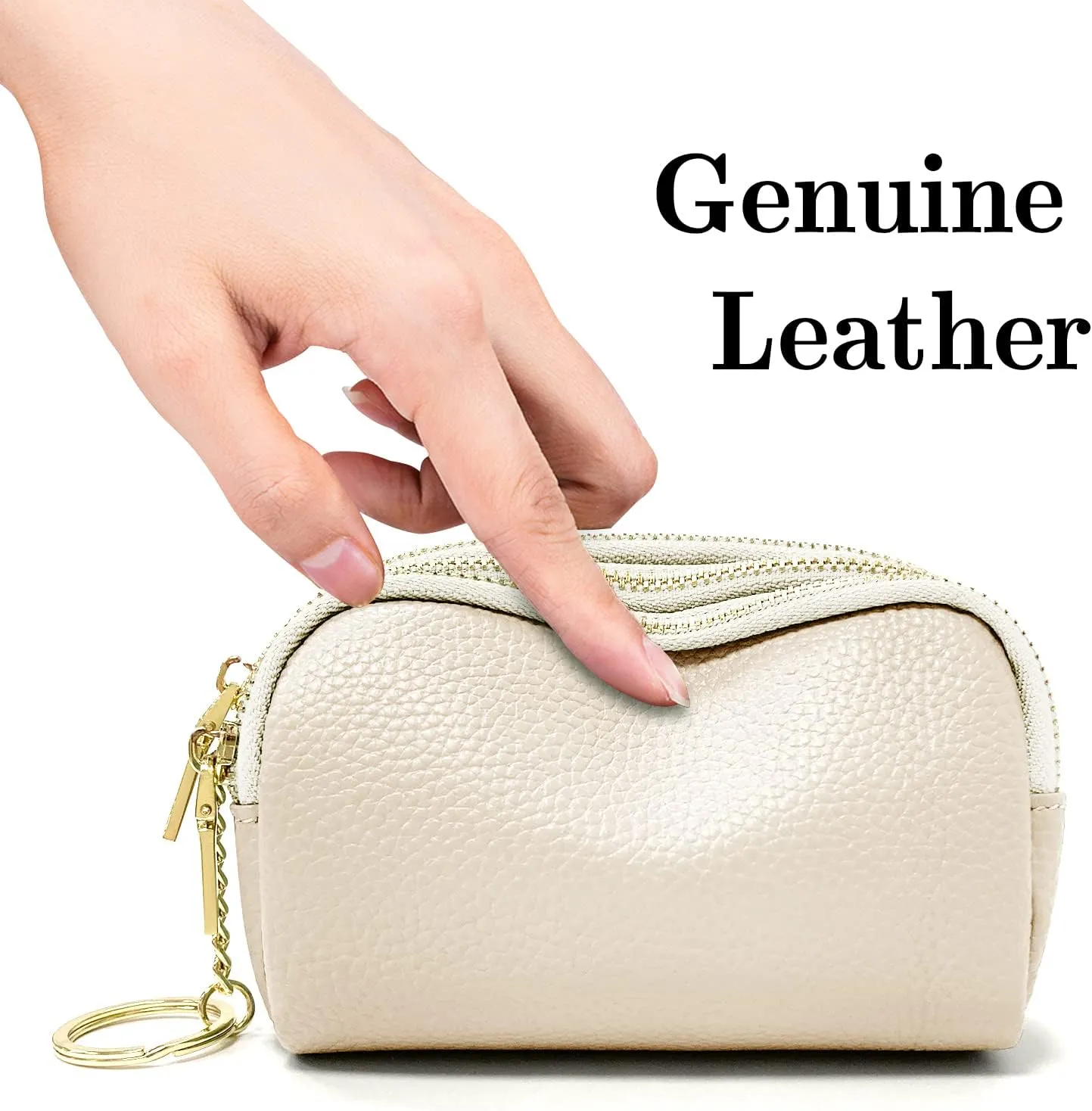 LINNO 3 Zippered Genuine Leather Coin Purse Triple Capacity Change Pouch Little Travel Wallet With Key Ring for Women