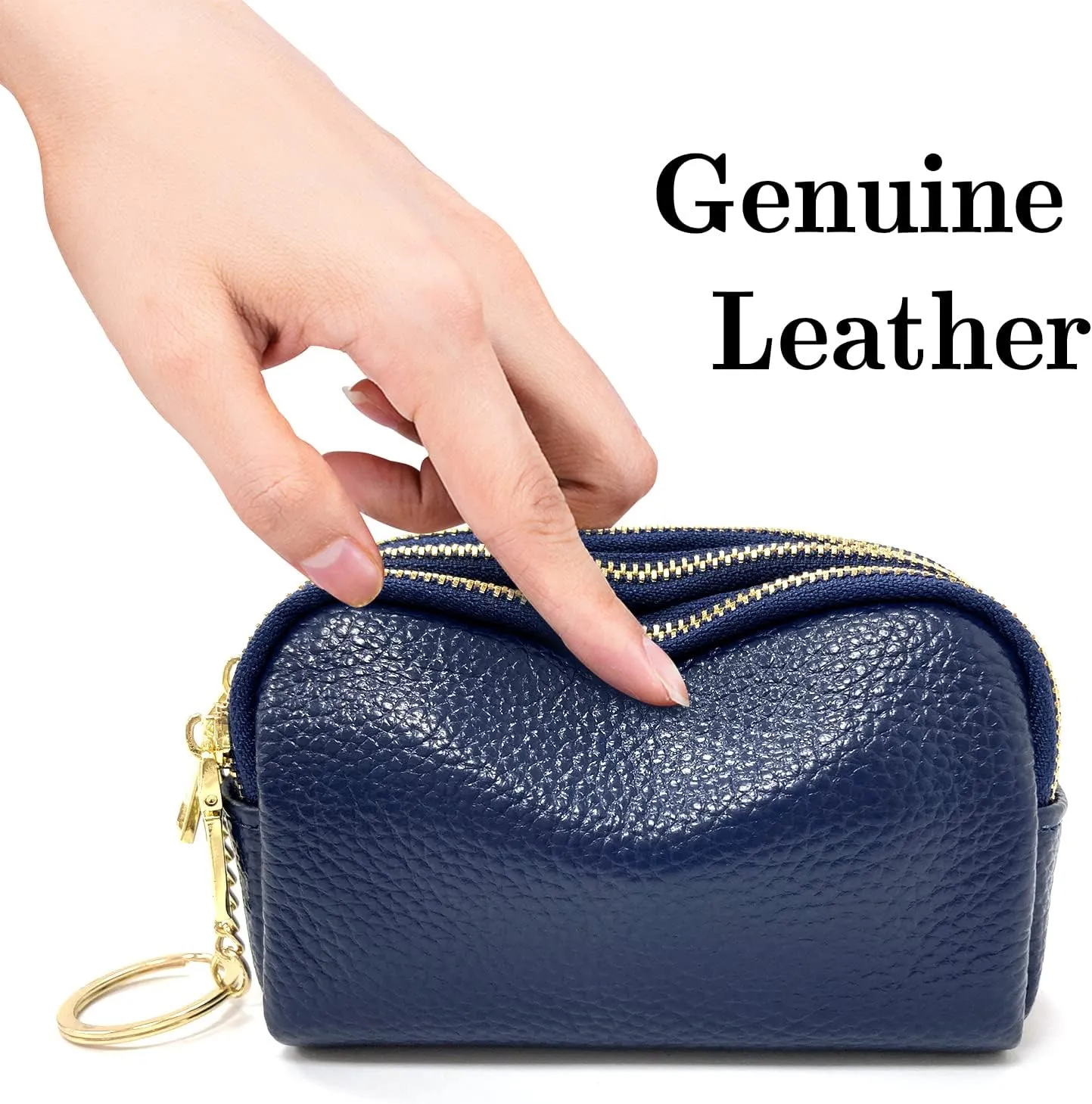 LINNO 3 Zippered Genuine Leather Coin Purse Triple Capacity Change Pouch Little Travel Wallet With Key Ring for Women