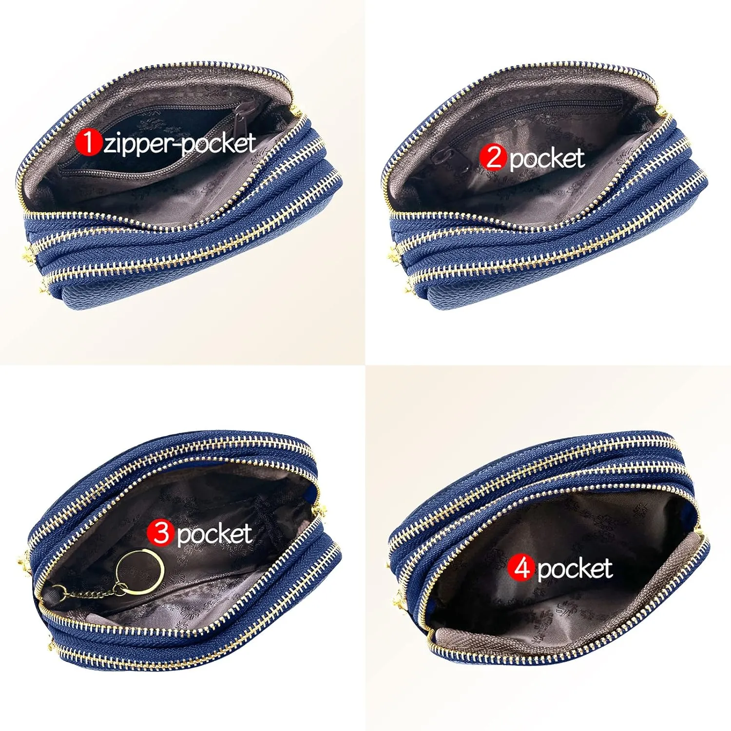 LINNO 3 Zippered Genuine Leather Coin Purse Triple Capacity Change Pouch Little Travel Wallet With Key Ring for Women