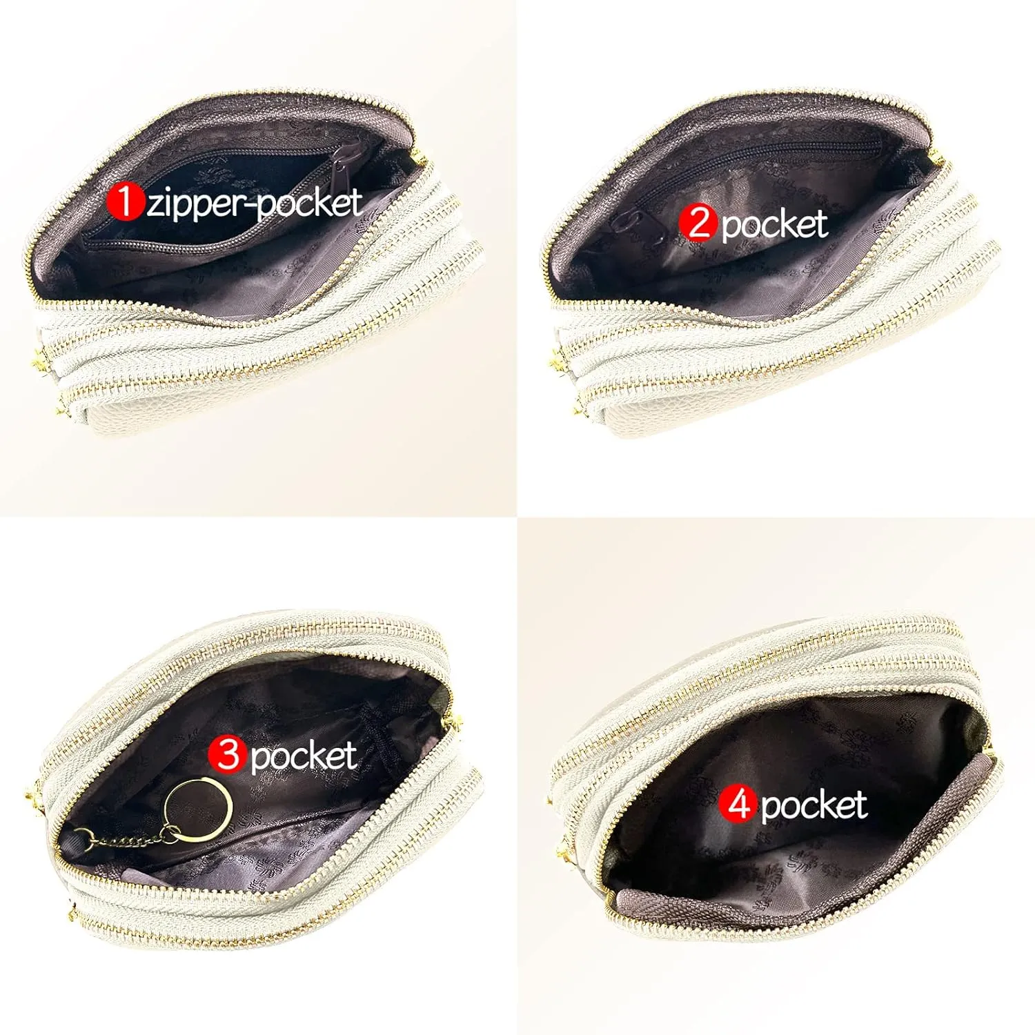 LINNO 3 Zippered Genuine Leather Coin Purse Triple Capacity Change Pouch Little Travel Wallet With Key Ring for Women