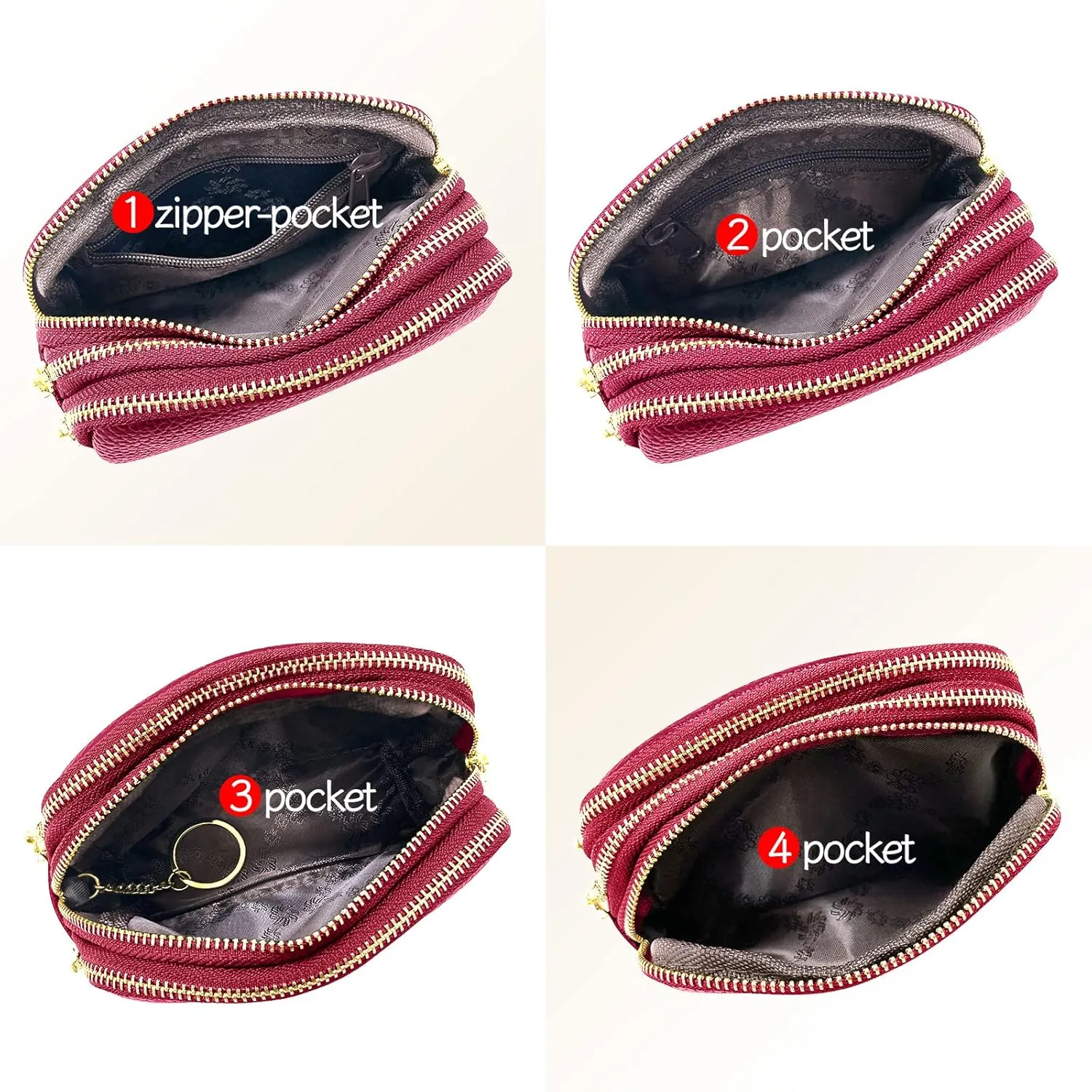 LINNO 3 Zippered Genuine Leather Coin Purse Triple Capacity Change Pouch Little Travel Wallet With Key Ring for Women