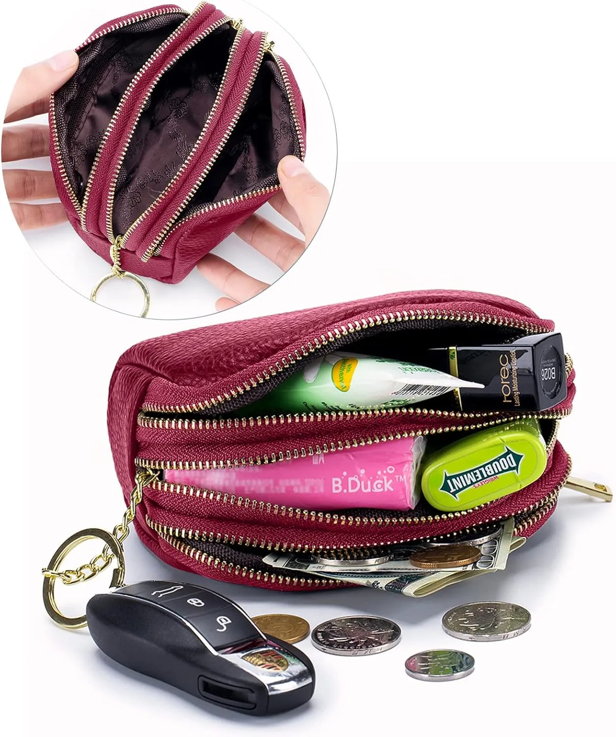 LINNO 3 Zippered Genuine Leather Coin Purse Triple Capacity Change Pouch Little Travel Wallet With Key Ring for Women