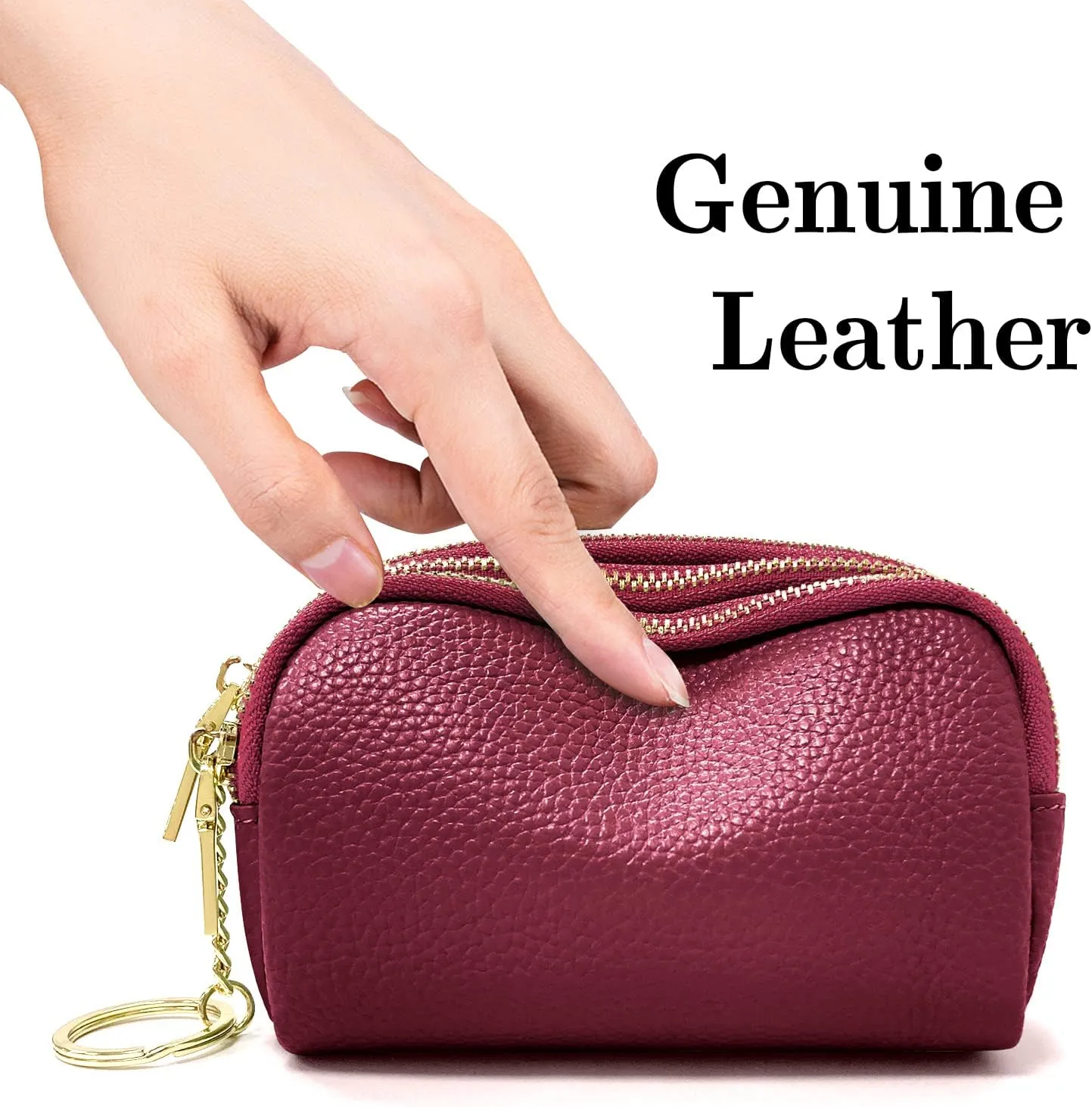 LINNO 3 Zippered Genuine Leather Coin Purse Triple Capacity Change Pouch Little Travel Wallet With Key Ring for Women