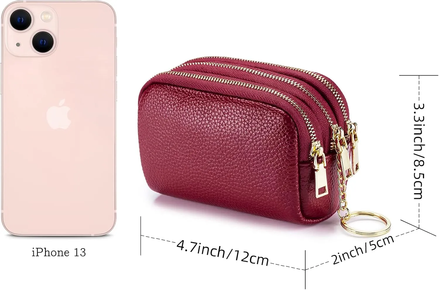 LINNO 3 Zippered Genuine Leather Coin Purse Triple Capacity Change Pouch Little Travel Wallet With Key Ring for Women