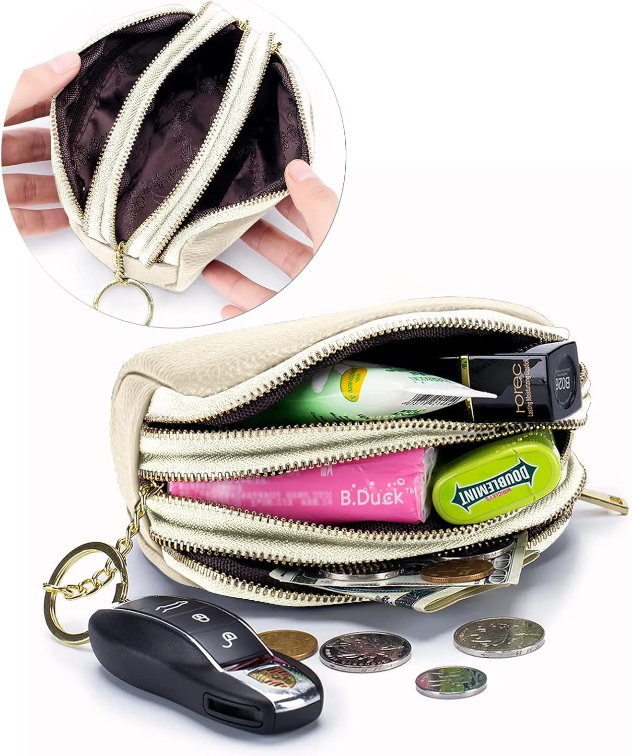 LINNO 3 Zippered Genuine Leather Coin Purse Triple Capacity Change Pouch Little Travel Wallet With Key Ring for Women