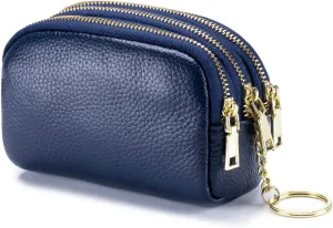 LINNO 3 Zippered Genuine Leather Coin Purse Triple Capacity Change Pouch Little Travel Wallet With Key Ring for Women
