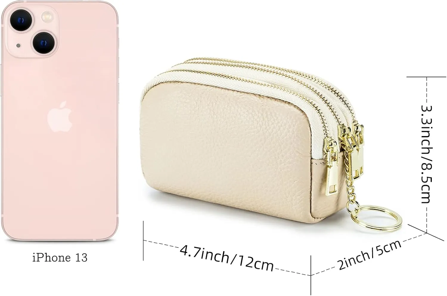 LINNO 3 Zippered Genuine Leather Coin Purse Triple Capacity Change Pouch Little Travel Wallet With Key Ring for Women