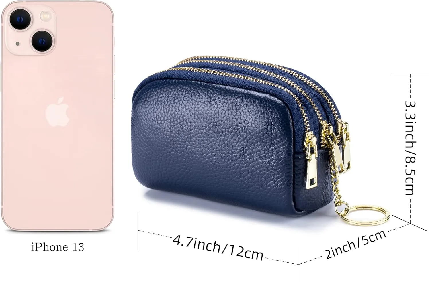 LINNO 3 Zippered Genuine Leather Coin Purse Triple Capacity Change Pouch Little Travel Wallet With Key Ring for Women
