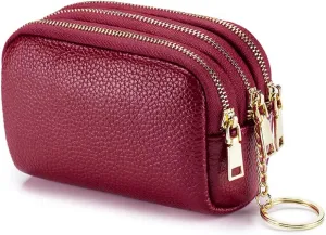 LINNO 3 Zippered Genuine Leather Coin Purse Triple Capacity Change Pouch Little Travel Wallet With Key Ring for Women