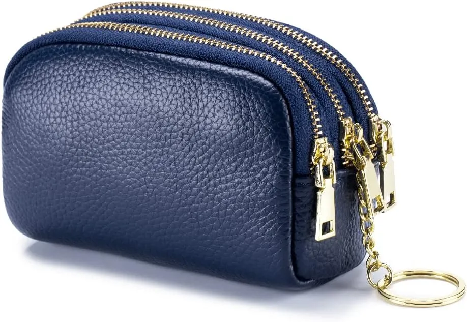 LINNO 3 Zippered Genuine Leather Coin Purse Triple Capacity Change Pouch Little Travel Wallet With Key Ring for Women