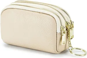 LINNO 3 Zippered Genuine Leather Coin Purse Triple Capacity Change Pouch Little Travel Wallet With Key Ring for Women