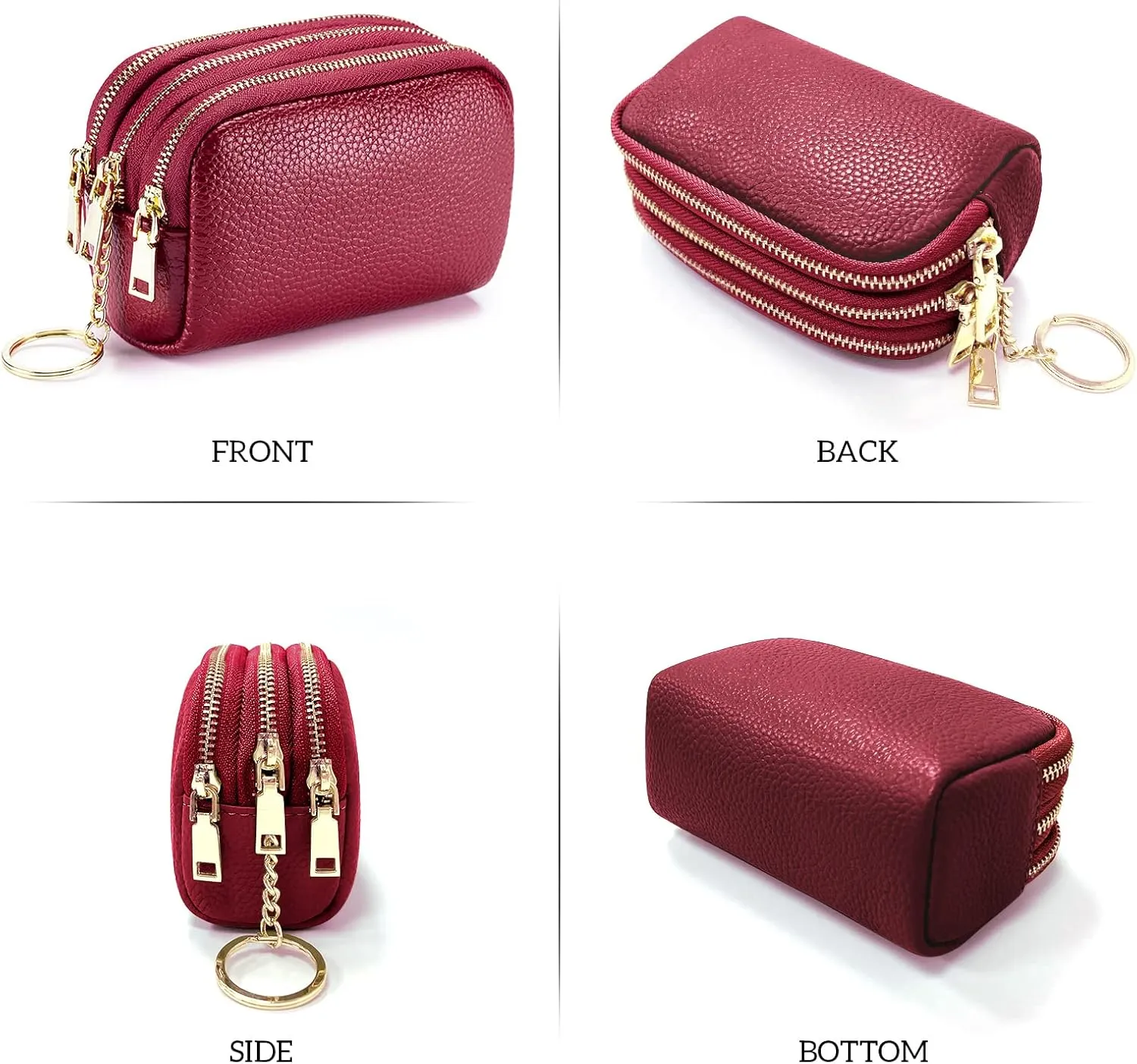 LINNO 3 Zippered Genuine Leather Coin Purse Triple Capacity Change Pouch Little Travel Wallet With Key Ring for Women