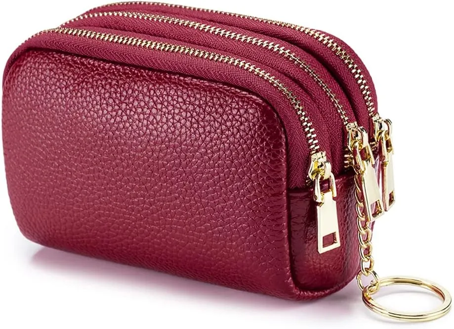 LINNO 3 Zippered Genuine Leather Coin Purse Triple Capacity Change Pouch Little Travel Wallet With Key Ring for Women